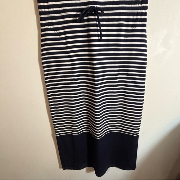 TALBOTS Sz M Navy and White Striped Cap Sleeve Drawstring Maxi Dress Side Slit - Picture 5 of 11